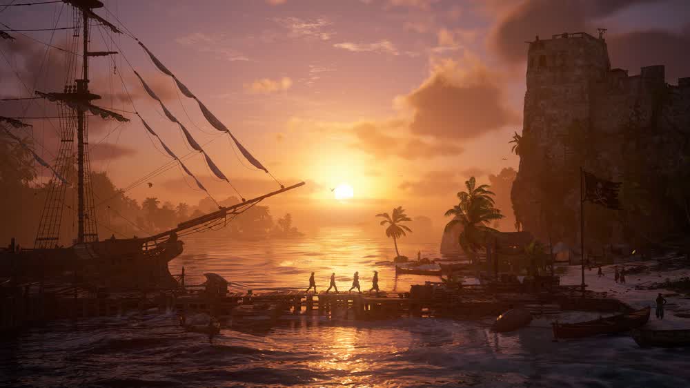 Edward Kenway at the helm of the Jackdaw in the Caribbean — official Assassin’s Creed Black Flag Resynced artwork