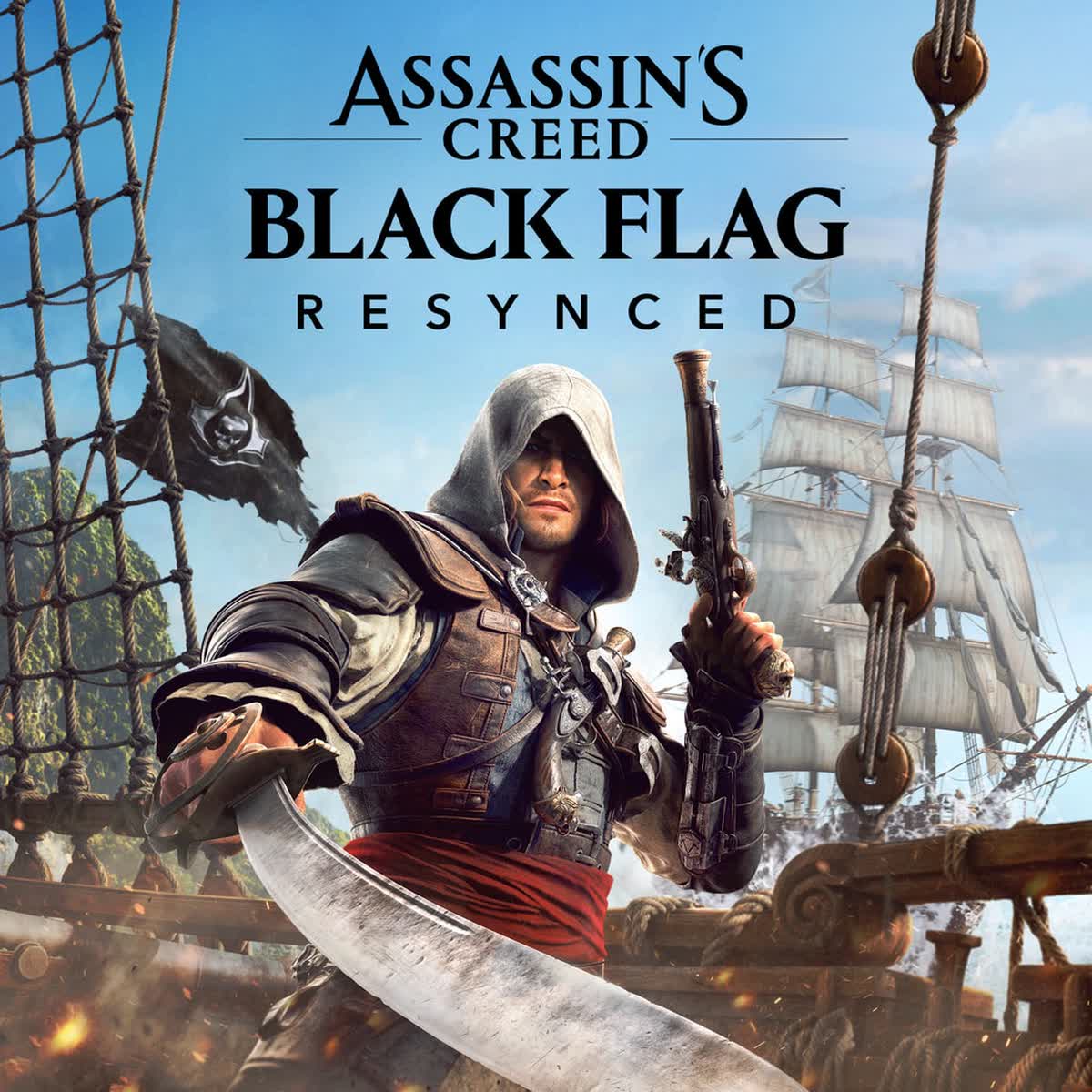 Edward Kenway at the helm of the Jackdaw in the Caribbean — official Assassin’s Creed Black Flag Resynced artwork