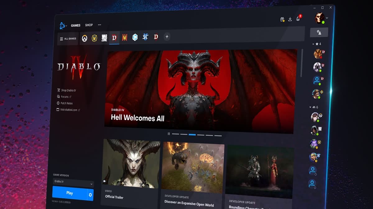 Official Blizzard artwork — the Battle.net app with its Blizzard game rail, open on Diablo IV