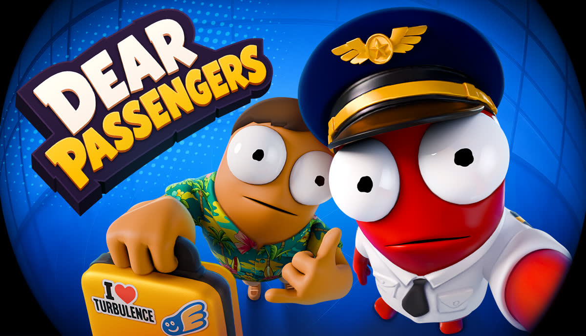 Crew and passengers in the cabin of a falling-apart airliner — official Dear Passengers artwork
