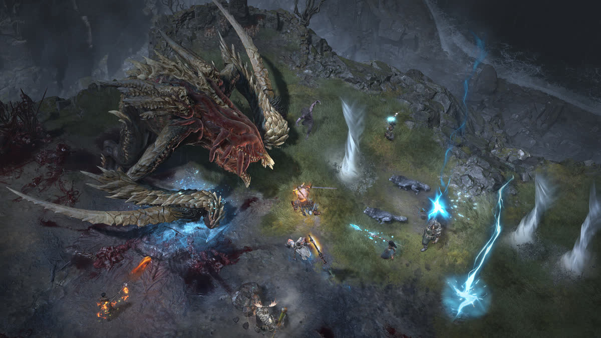 A barbarian and a werebear druid breaking through the barrier between ice and hell — official Diablo IV artwork