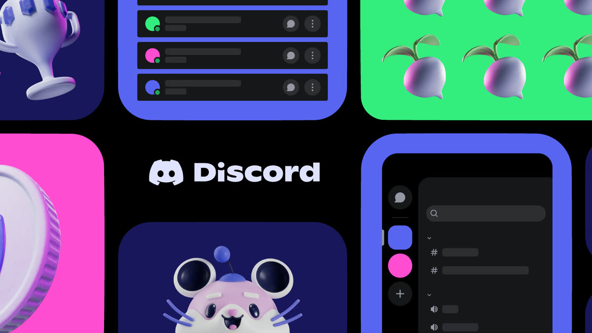Oficjalna grafika Discorda — maskotka Wumpus wśród unoszących się przedmiotów: monety, pucharu, korony i kilofa