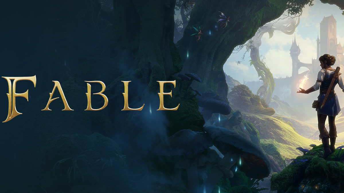 Bowerstone at sunset above the hills of Albion — official Fable artwork