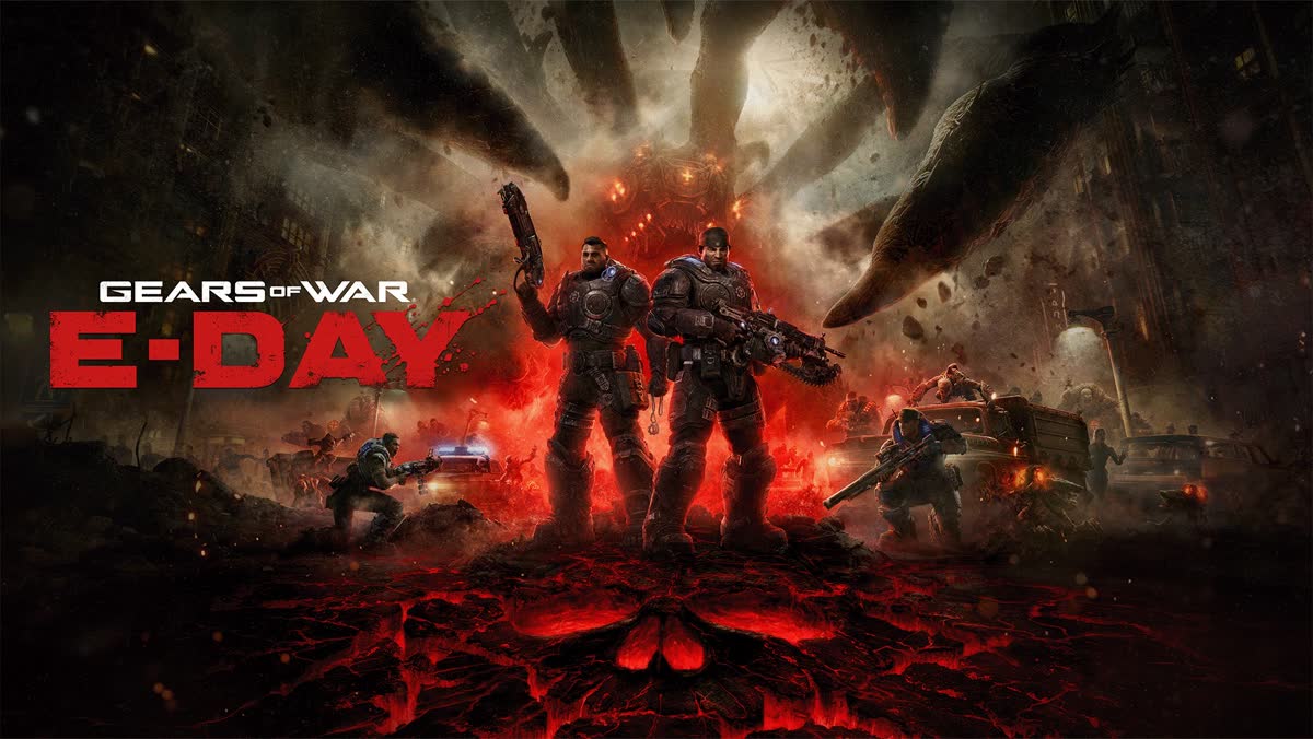 Marcus Fenix and Dom Santiago in a burning city as the Locust emerge — official Gears of War: E-Day artwork