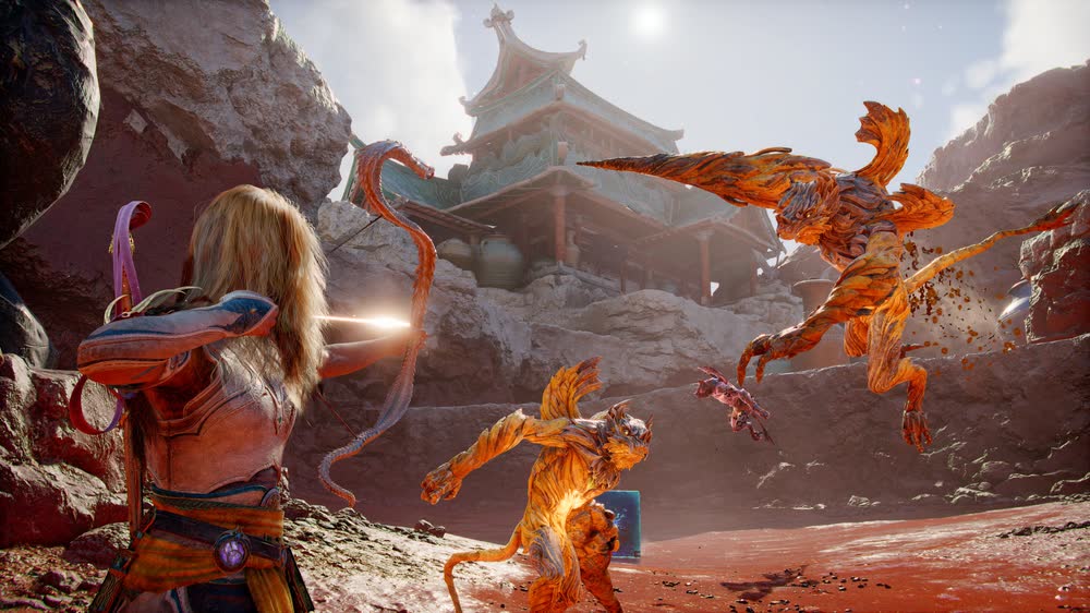 Faye with her sword beside Phranque, the cosmic cube, on a cliff above the Everywhen — official God of War Laufey artwork