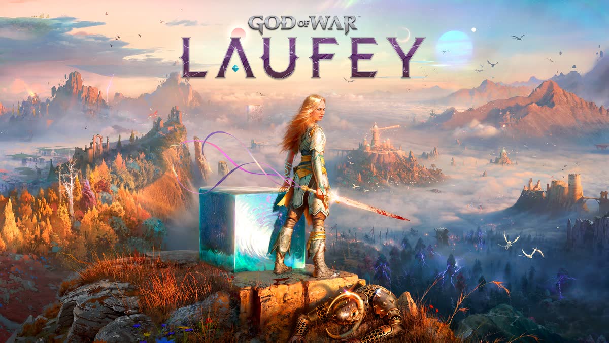 Faye with her sword beside Phranque, the cosmic cube, on a cliff above the Everywhen — official God of War Laufey artwork