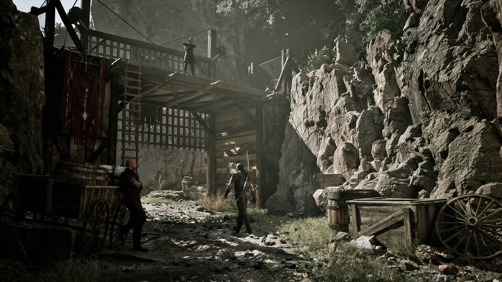 The Nameless Hero on a ruined wall above the Valley of Mines under the Barrier — official Gothic 1 Remake artwork