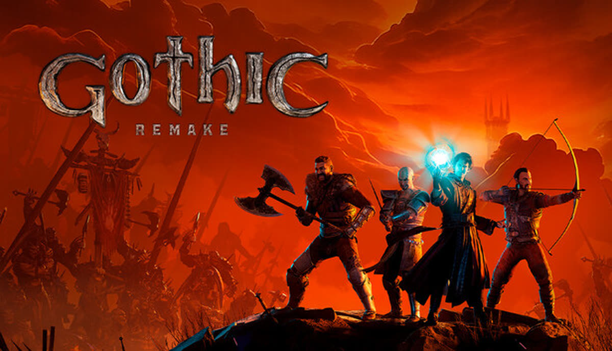 The Nameless Hero on a ruined wall above the Valley of Mines under the Barrier — official Gothic 1 Remake artwork