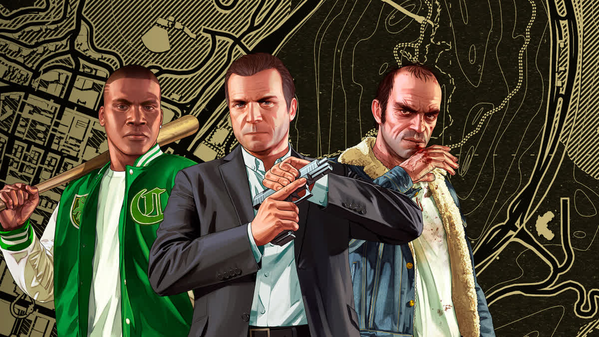 Franklin, Michael and Trevor over the Los Santos map — official Grand Theft Auto V artwork