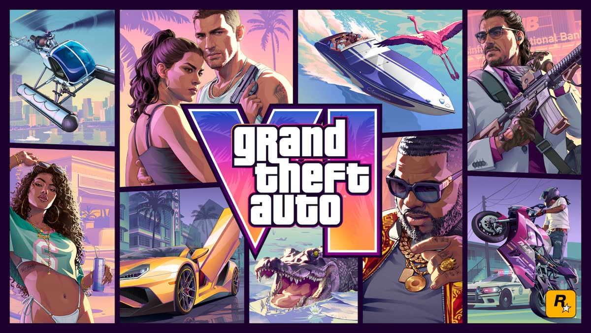 Lucia and Jason against the Vice City skyline — official Grand Theft Auto VI artwork