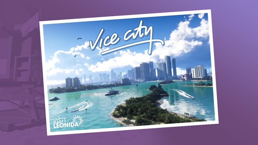 Lucia and Jason against the Vice City skyline — official Grand Theft Auto VI artwork