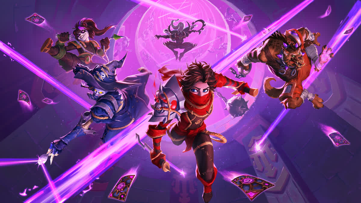 Official Hearthstone artwork — three prisoners break out of the Violet Hold through violet arcane beams as cards scatter around them