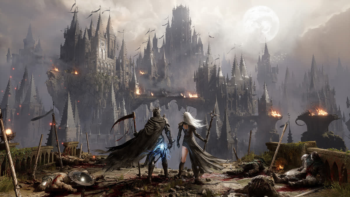 A Lampbearer facing a boss beneath a huge moon, gothic spires behind — official Lords of the Fallen II artwork