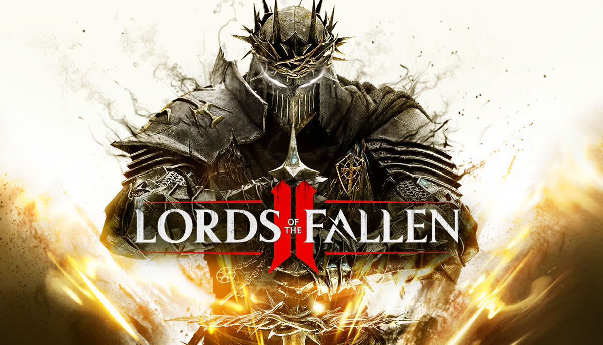A Lampbearer facing a boss beneath a huge moon, gothic spires behind — official Lords of the Fallen II artwork