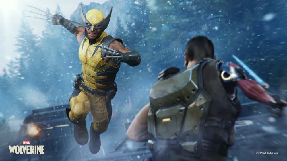 Logan z wysuniętymi pazurami na żółtym tle — oficjalna grafika Marvel's Wolverine
