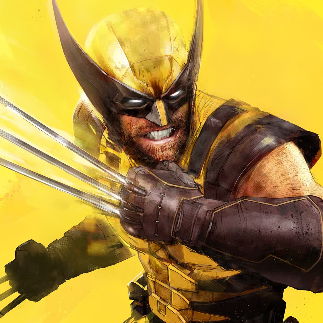 Logan z wysuniętymi pazurami na żółtym tle — oficjalna grafika Marvel's Wolverine
