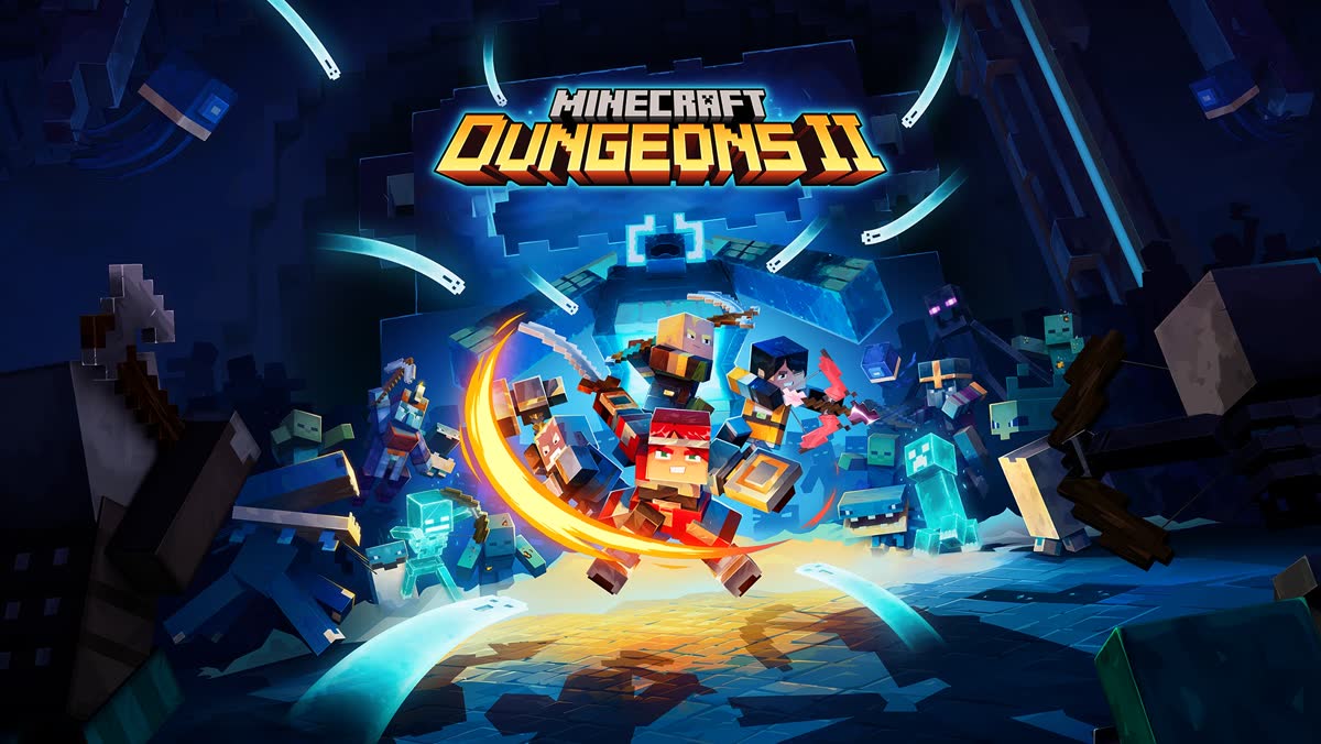 Four heroes mid-fight in a glowing dungeon — official Minecraft Dungeons II artwork