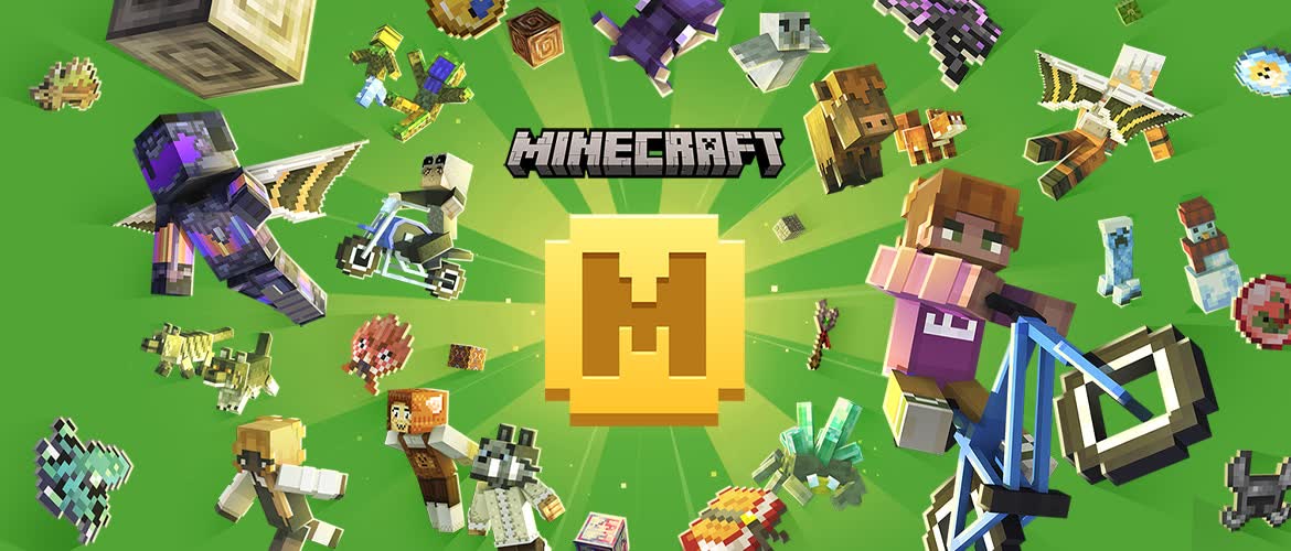Steve and Alex running across a blocky world past a cherry blossom tree — official Minecraft: Java & Bedrock Edition artwork