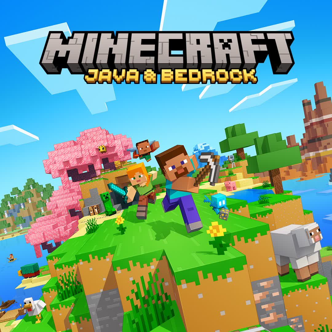 Steve and Alex running across a blocky world past a cherry blossom tree — official Minecraft: Java & Bedrock Edition artwork