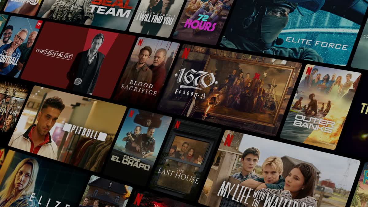 Official Netflix artwork — an angled grid of film and series covers from the catalog