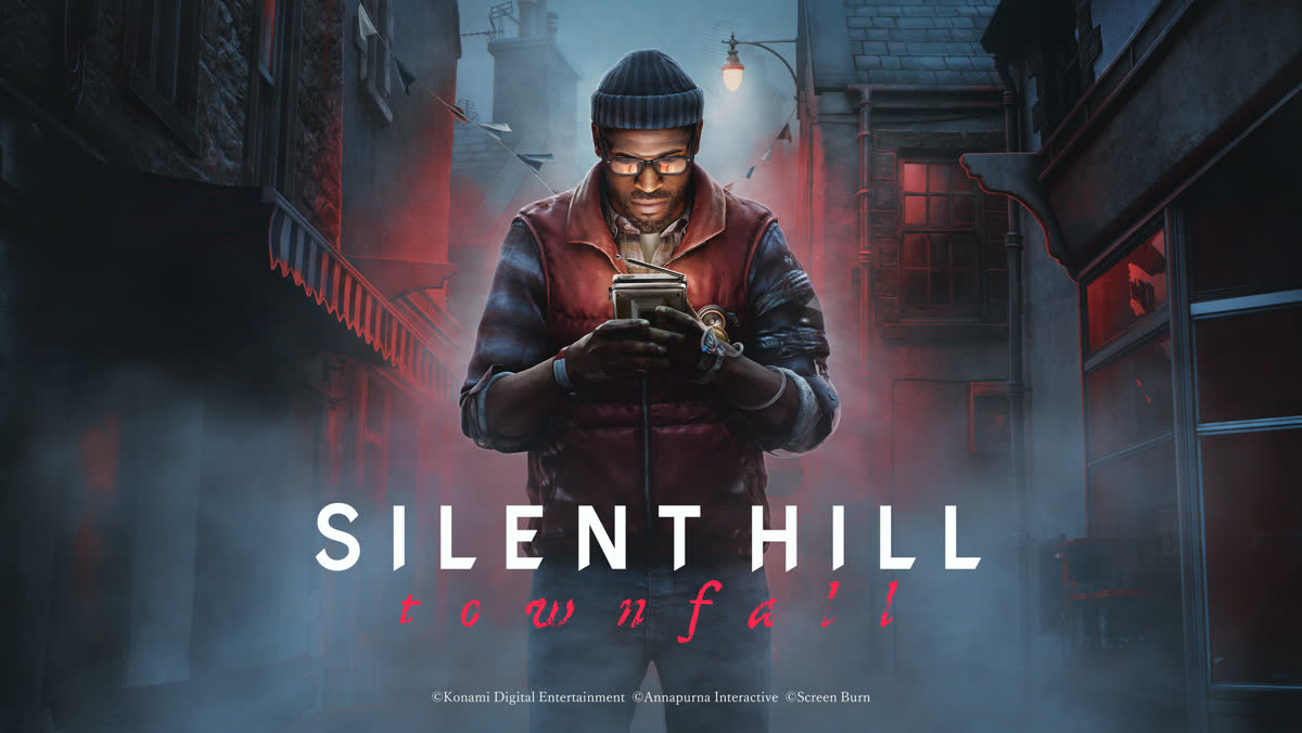 Simon Ordell holding the CRTV pocket television in a fog-bound St. Amelia street — official SILENT HILL: Townfall artwork