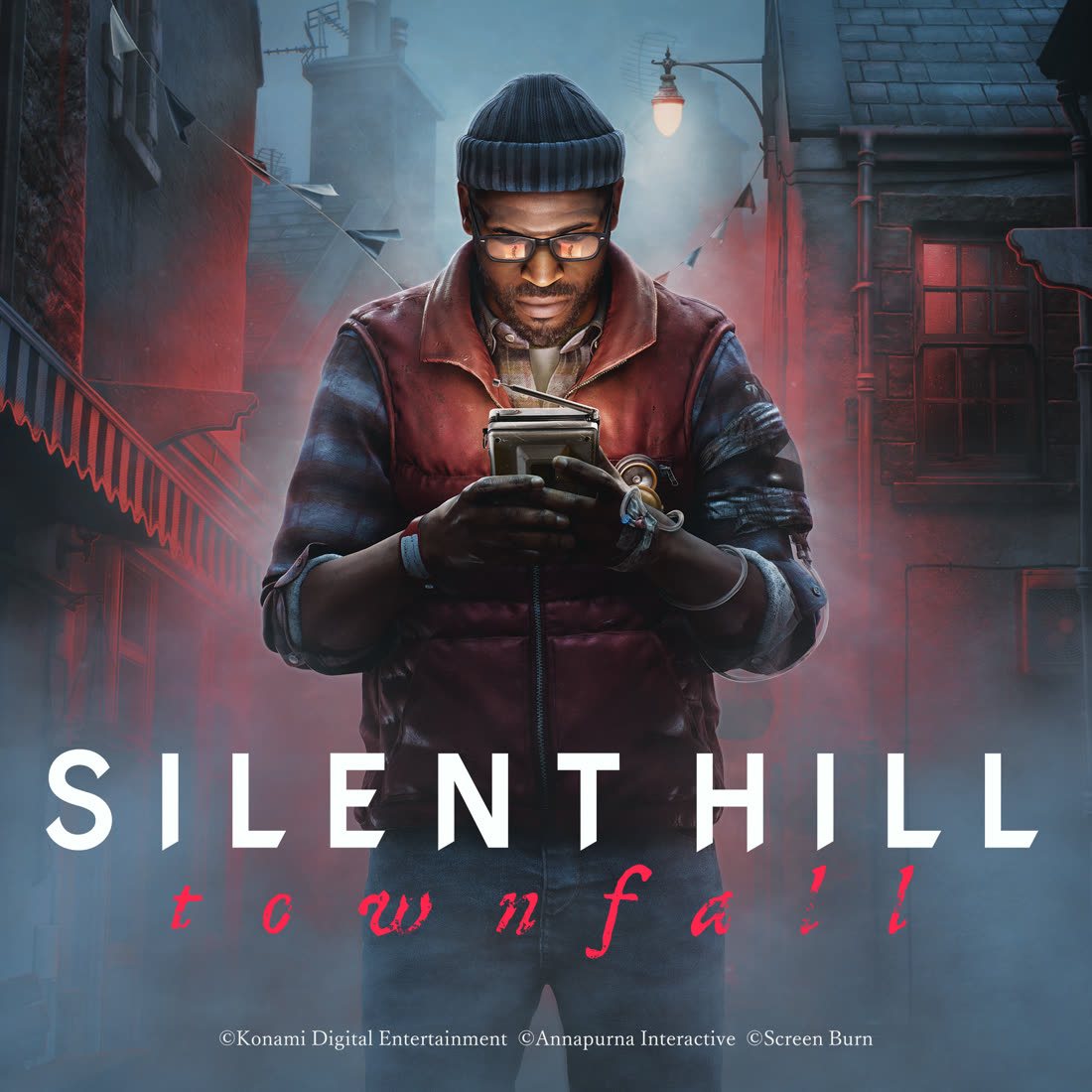 Simon Ordell holding the CRTV pocket television in a fog-bound St. Amelia street — official SILENT HILL: Townfall artwork