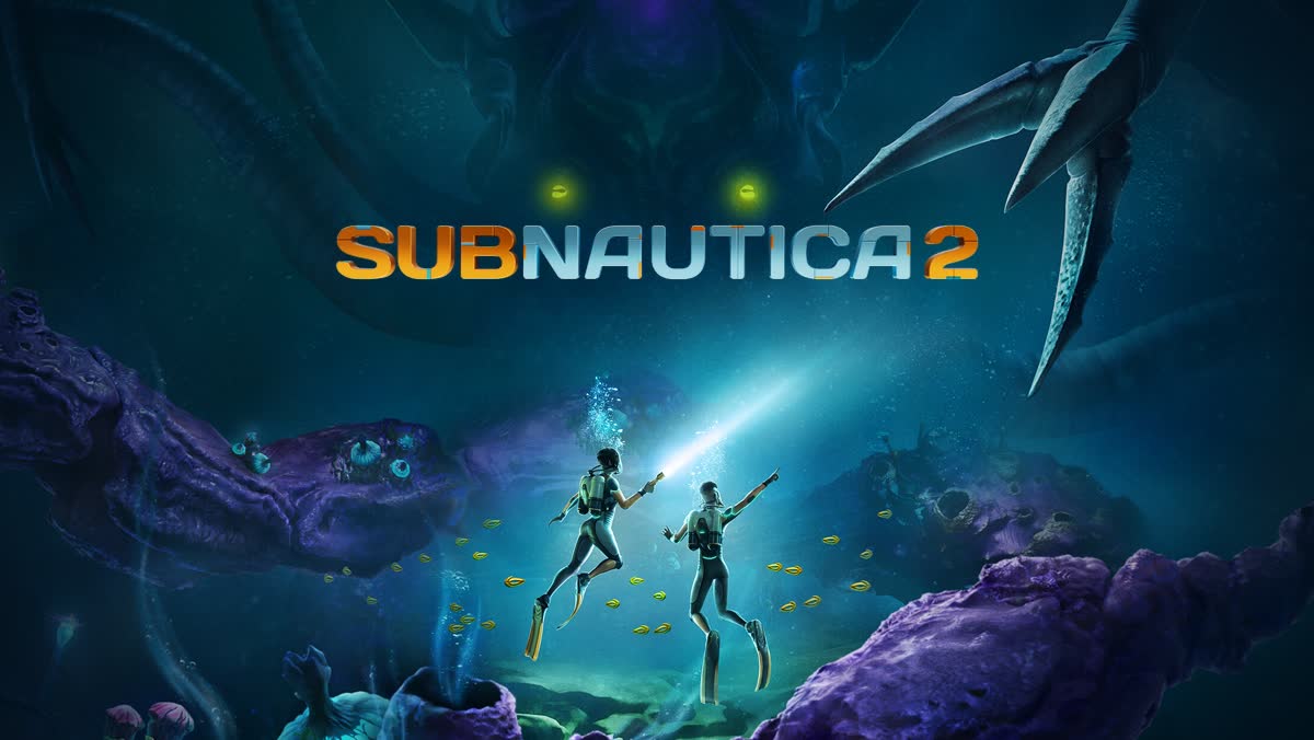 Two divers lit by a flashlight above the reefs of Proteus — official Subnautica 2 artwork