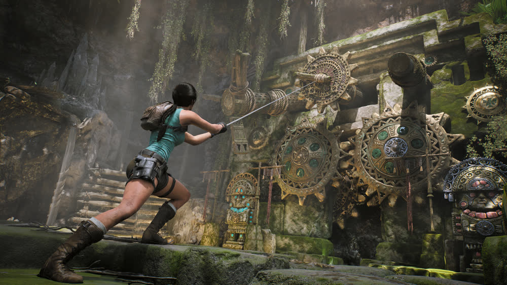 Lara Croft with twin pistols against the waterfalls and jungle of Peru — official Tomb Raider: Legacy of Atlantis artwork