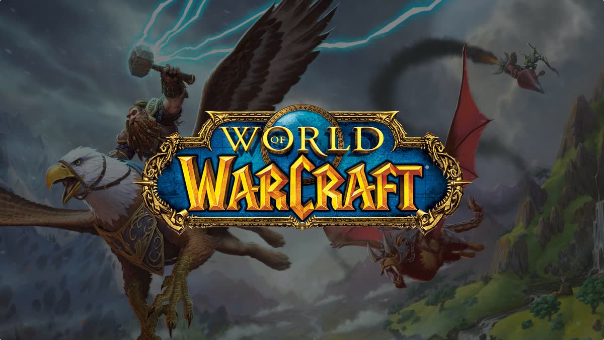 Official World of Warcraft artwork — a rider on a blazing dragonhawk above the woods of Quel’Thalas at sunset