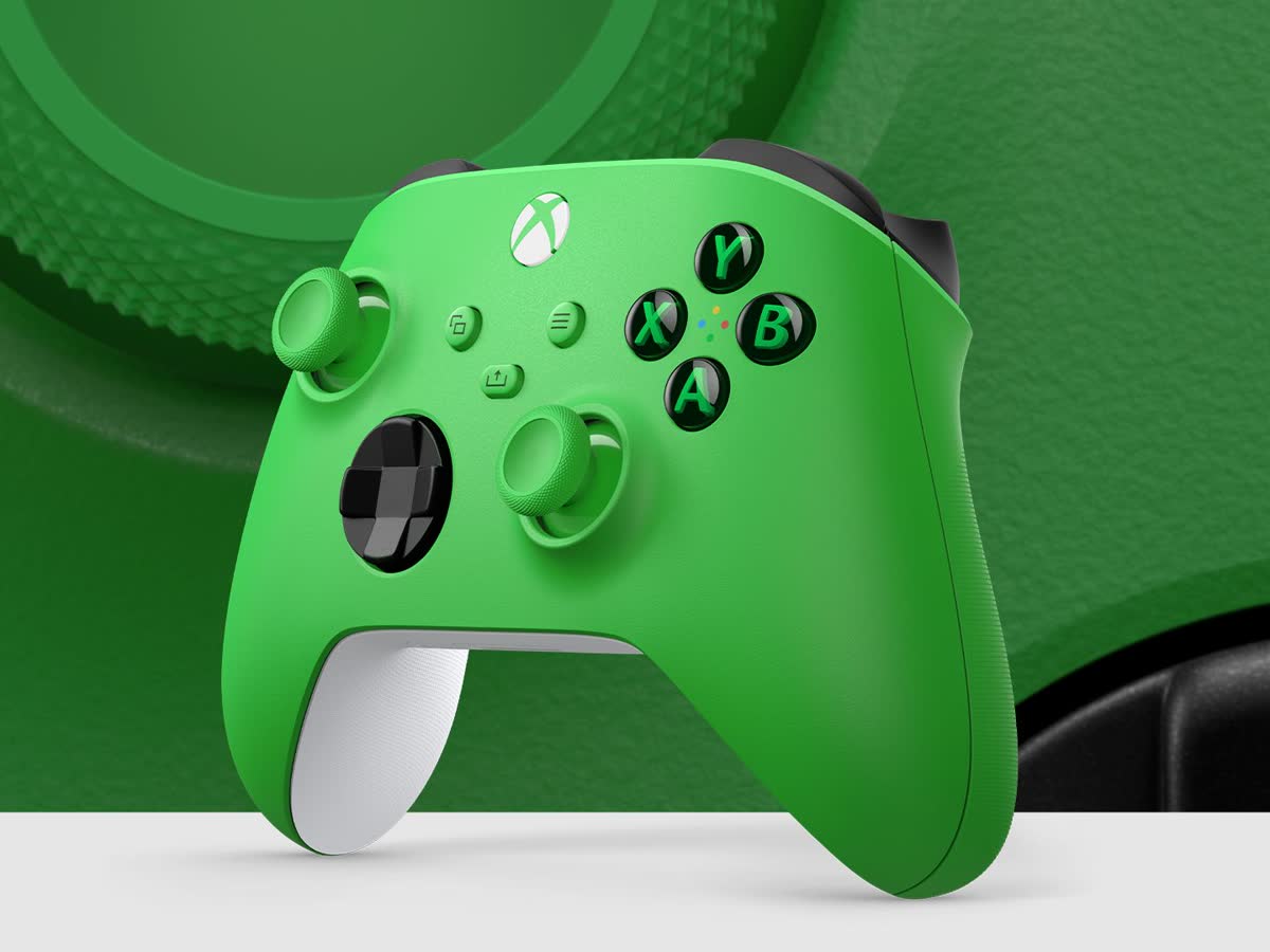 Official Microsoft artwork — an Xbox Wireless Controller in Velocity Green against a green backdrop